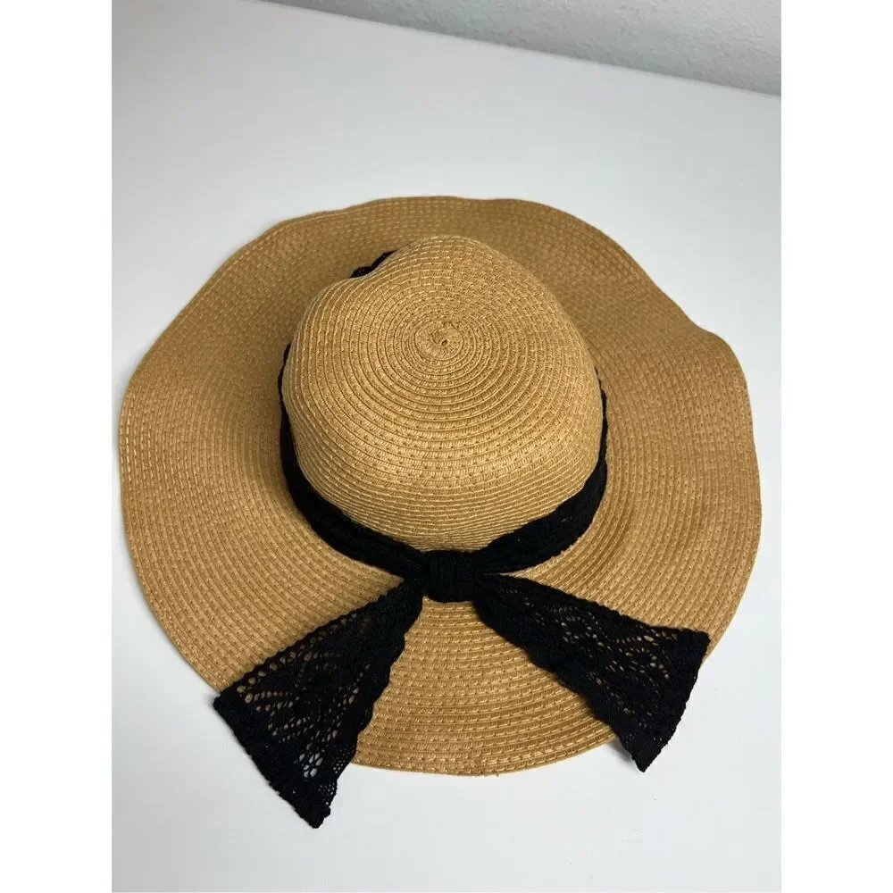Vintage Women's 100% Straw Hat One Size Black Band in back with Bow - Picture 3 of 9